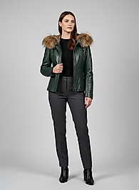 Omuz Nakış Detaylı ve Kahve Kürklü Koyu Yeşil Deri Ceket