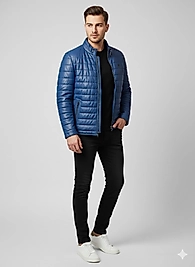 Dolgulu Kapitone Mavi Deri Ceket