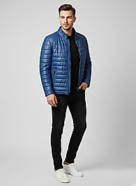 Dolgulu Kapitone Mavi Deri Ceket