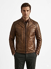 Kahverengi Eskitme Deri Motorcu Ceketi