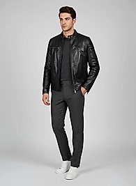 Motorcu Yaka Çizgi Nakışlı Siyah Deri Ceket