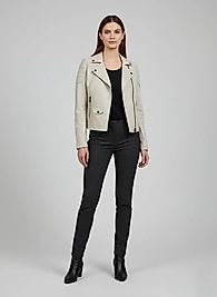 Siyah Fermuar Kontrastlı Asimetrik Kesim İnci Deri Mont