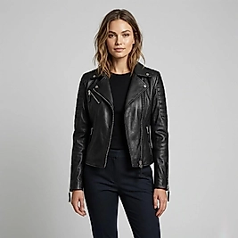 KADIN DERİ CEKET (ÇAPRAZ FERMUARLI)