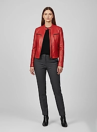 Çift Fermuarlı Hakim Yaka Kırmızı Deri Ceket