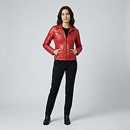 kadın deri ceket (çapraz fermuarlar)