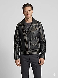 Siyah Eskitme Deri Motorcu Ceketi