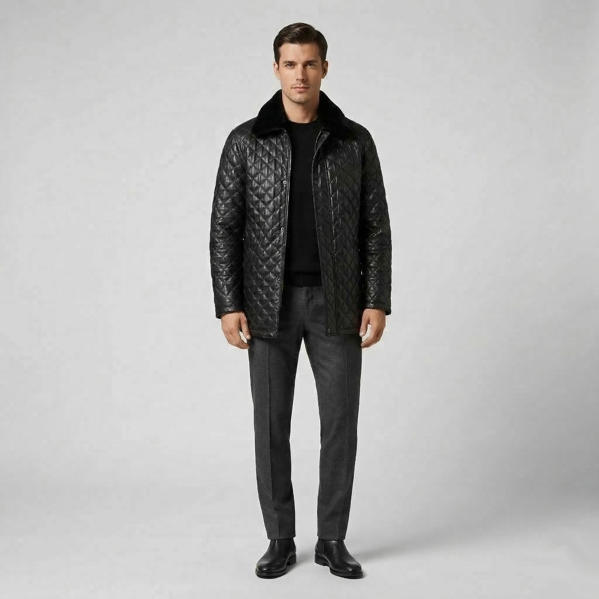 Kapitone Hakiki Deri Siyah Deri Mont