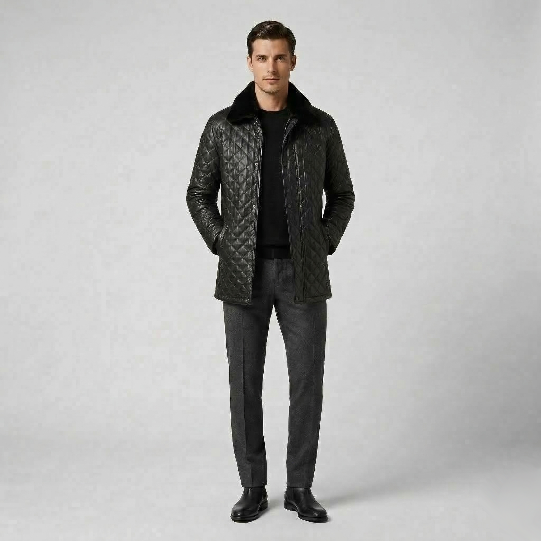 Kapitone Hakiki Deri Siyah Deri Mont