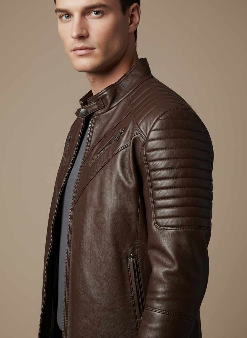 Kahverengi Deri Motorcu Ceketi