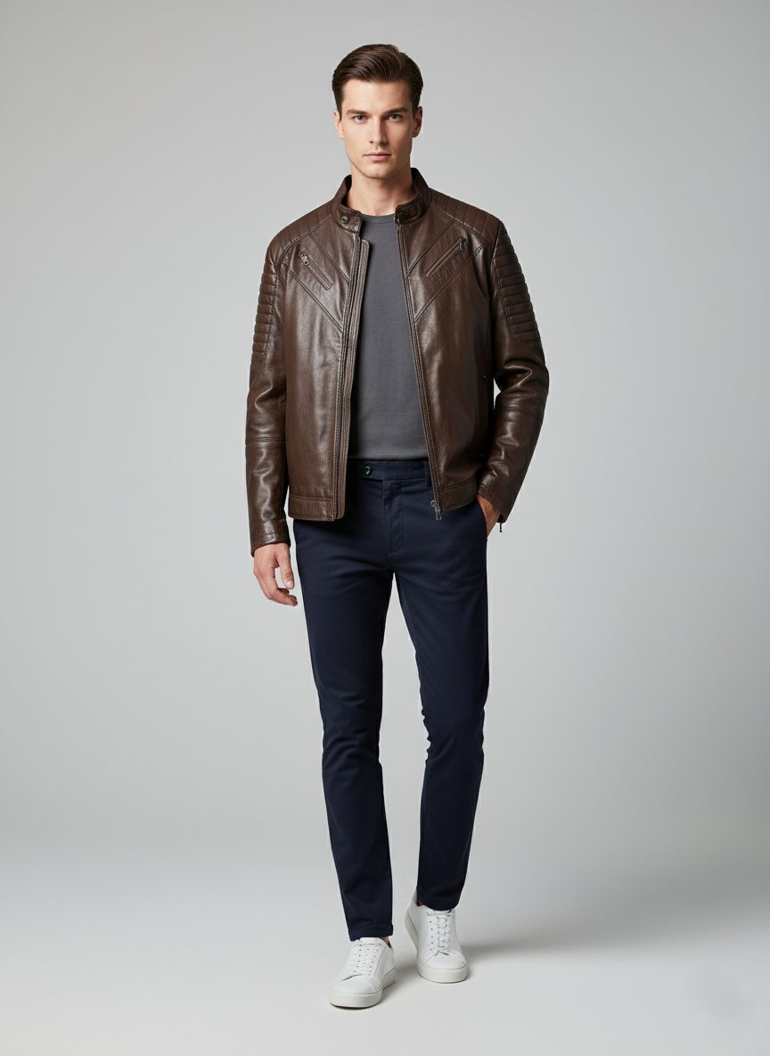 Kahverengi Deri Motorcu Ceketi