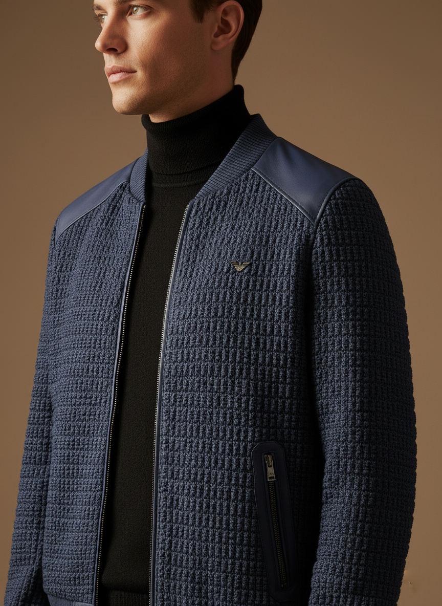 Koyu mavi örgü bomber ceket