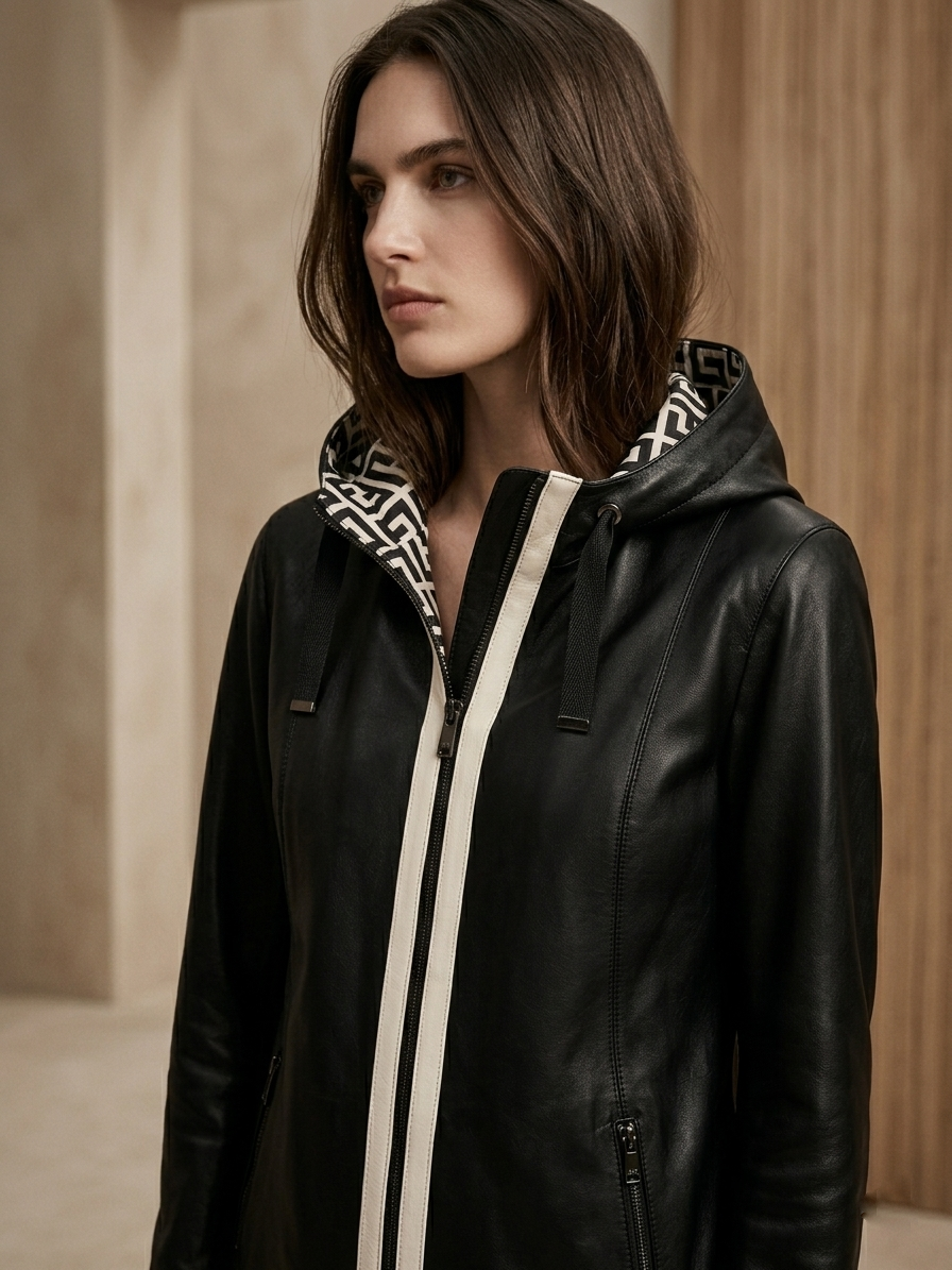 Siyah Deri Kapüşonlu Ceket