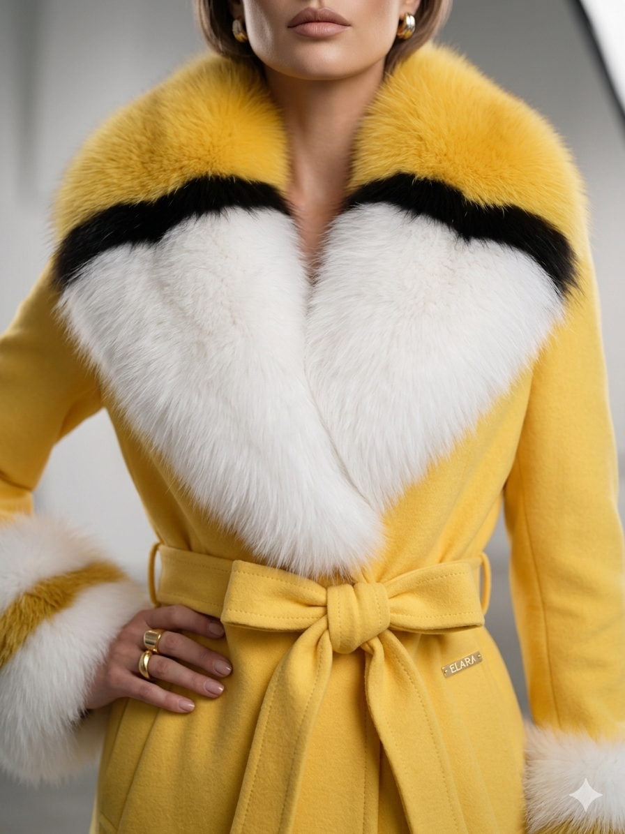 Saray Sarısı: Premium Üç Tonlu Kürk Başlıklı Kuşaklı Palto